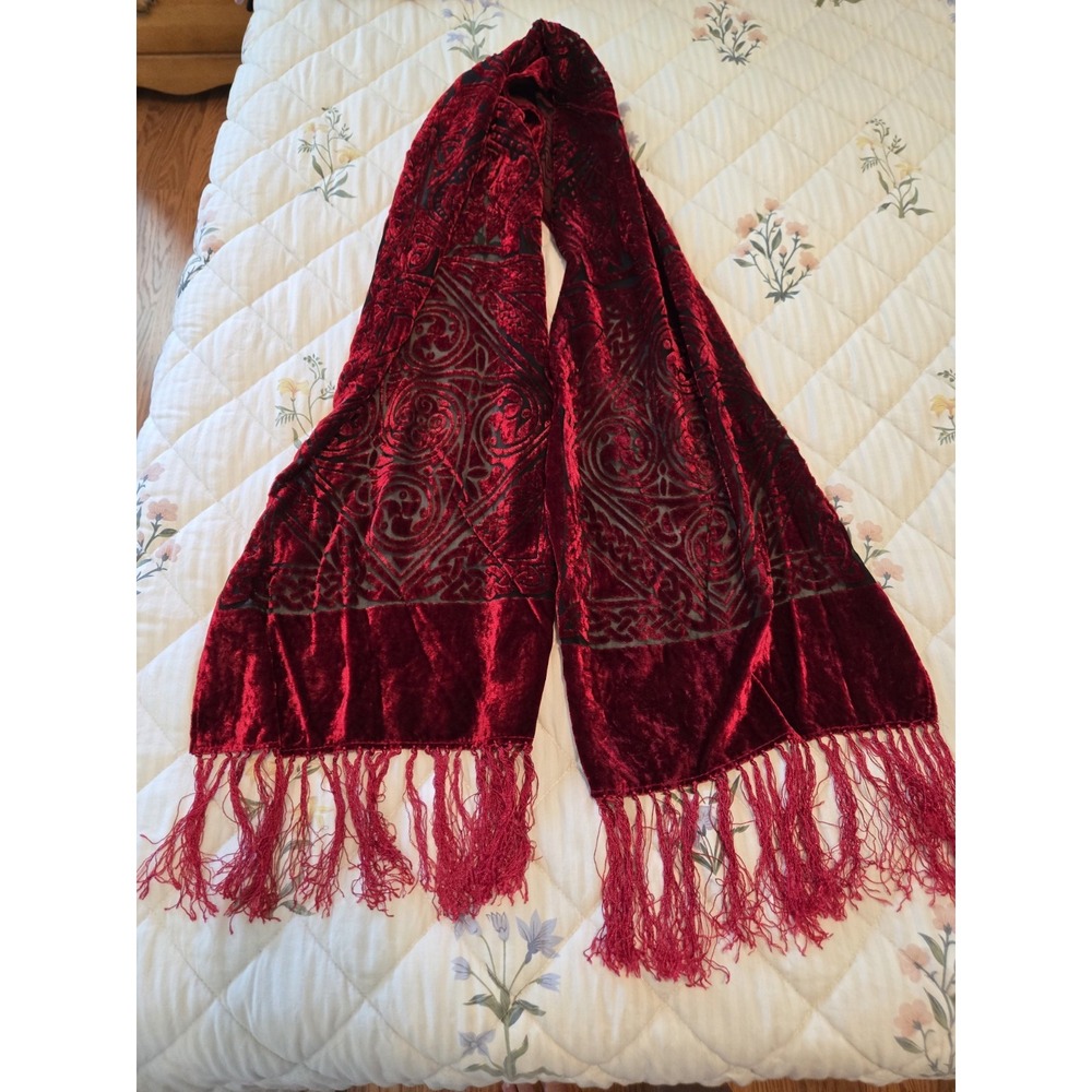 Set of 2 Womens Multicolor Floral & Red Velvet Scarves W/ Fringe Accents - Picture 3 of 3